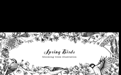 Flowering trees with birds banner. Vintage frame designs with birds, flowers, blooming branches sketches. Hand drawn almond, willow, rowan, willow, cherry blossom isolated on white background